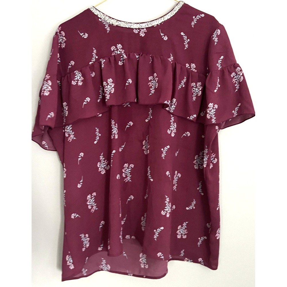 Juicy Couture Shirt Womens 2XL Burgundy Floral Ruffle Rhinestone Neckline Blouse